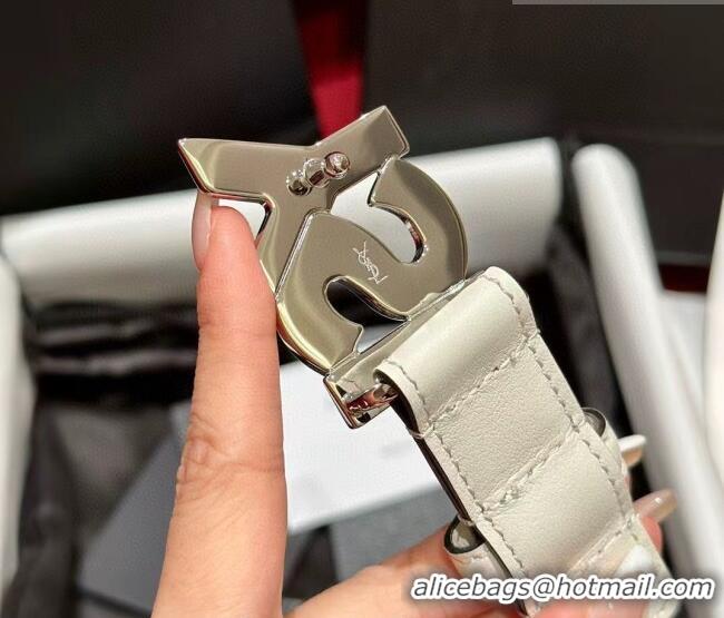 Shop Saint Laurent Women's Supple Calfskin Leather Belt 2.5cm with Maxi YSL Buckle 25060 White/Silver 2025
