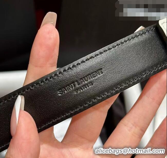 Shop Saint Laurent Women's Supple Calfskin Leather Belt 2.5cm with Maxi YSL Buckle 25060 White/Silver 2025