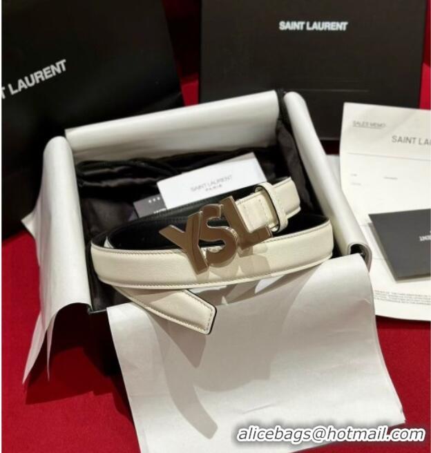 Shop Saint Laurent Women's Supple Calfskin Leather Belt 2.5cm with Maxi YSL Buckle 25060 White/Silver 2025
