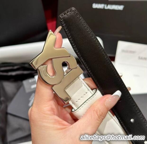 Shop Saint Laurent Women's Supple Calfskin Leather Belt 2.5cm with Maxi YSL Buckle 25060 White/Silver 2025