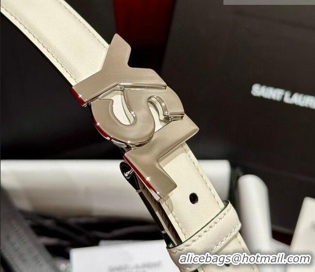 Shop Saint Laurent Women's Supple Calfskin Leather Belt 2.5cm with Maxi YSL Buckle 25060 White/Silver 2025