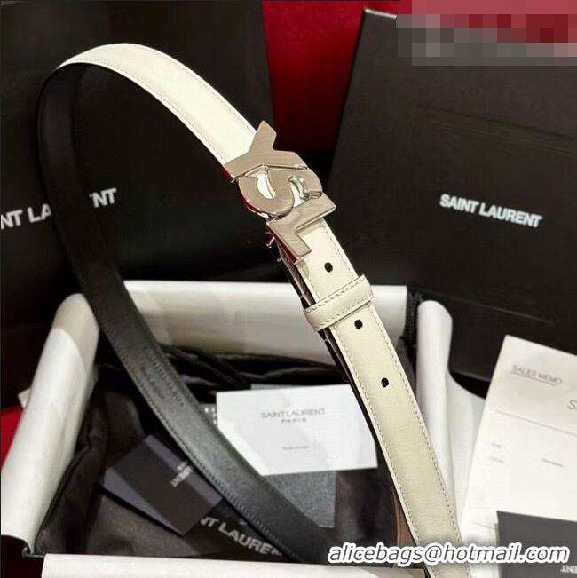 Shop Saint Laurent Women's Supple Calfskin Leather Belt 2.5cm with Maxi YSL Buckle 25060 White/Silver 2025