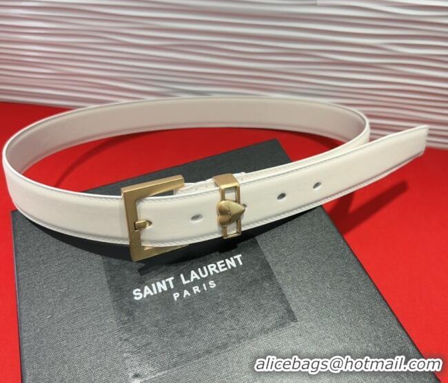 Good Quality Saint Laurent Calfskin Leather Belt 3cm with Heart Charm YSL091201 White/Gold 2025