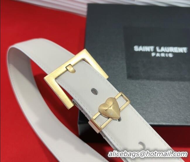 Good Quality Saint Laurent Calfskin Leather Belt 3cm with Heart Charm YSL091201 White/Gold 2025