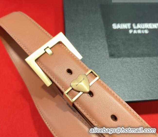Best Price Saint Laurent Calfskin Leather Belt 3cm with Heart Charm YSL091201 Tan Brown/Gold 2025