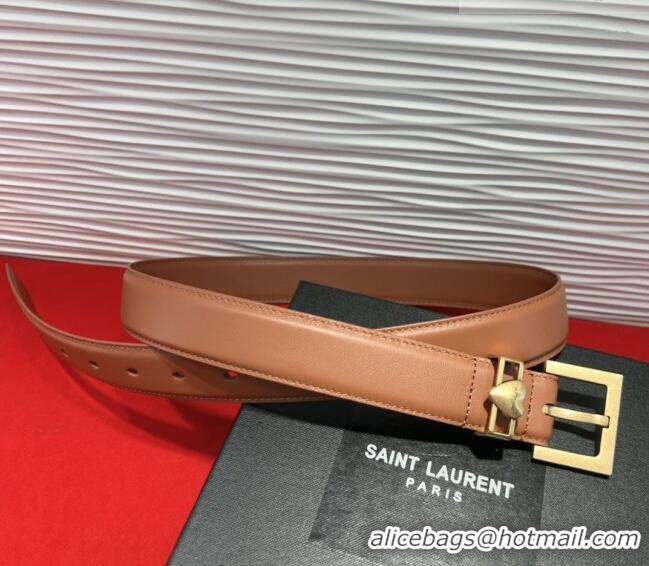 Best Price Saint Laurent Calfskin Leather Belt 3cm with Heart Charm YSL091201 Tan Brown/Gold 2025
