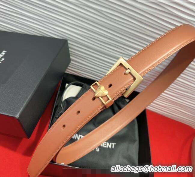 Best Price Saint Laurent Calfskin Leather Belt 3cm with Heart Charm YSL091201 Tan Brown/Gold 2025