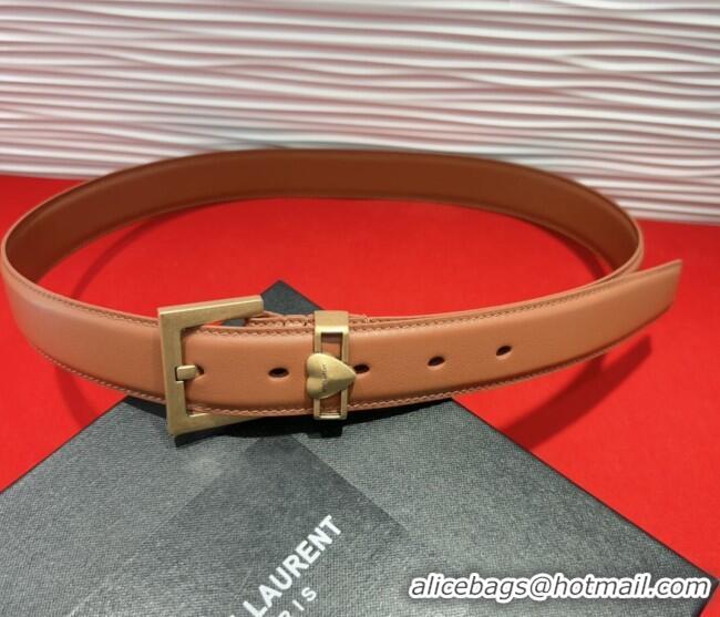 Best Price Saint Laurent Calfskin Leather Belt 3cm with Heart Charm YSL091201 Tan Brown/Gold 2025