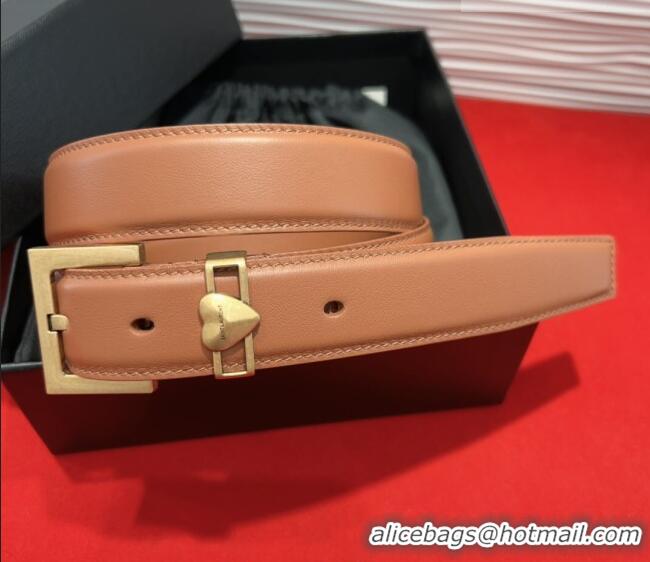 Best Price Saint Laurent Calfskin Leather Belt 3cm with Heart Charm YSL091201 Tan Brown/Gold 2025