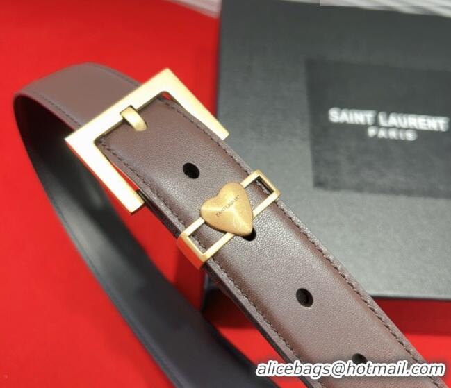 Well Crafted Saint Laurent Calfskin Leather Belt 3cm with Heart Charm YSL091201 Dark Brown/Gold 2025