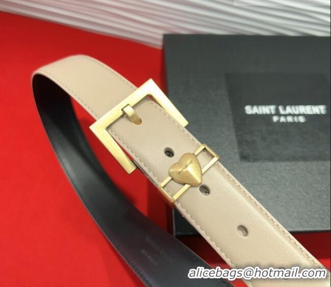 Unique Discount Saint Laurent Calfskin Leather Belt 3cm with Heart Charm YSL091201 Beige/Gold 2025
