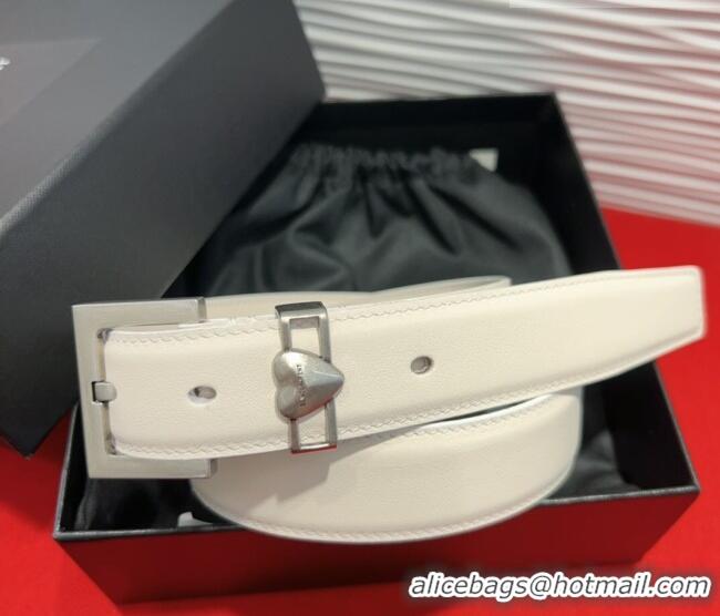 Good Taste Saint Laurent Calfskin Leather Belt 3cm with Heart Charm YSL091201 White/Silver 2025