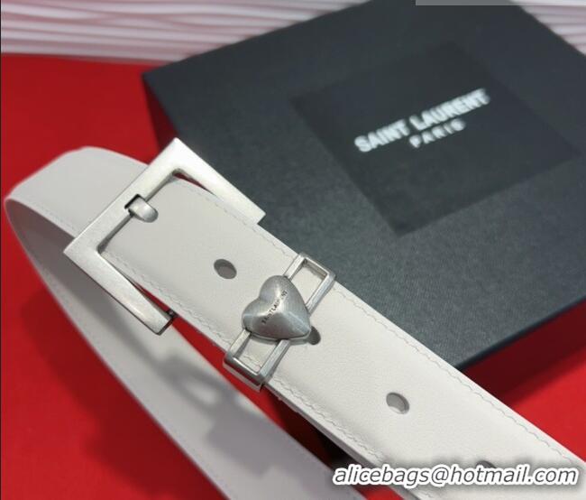 Good Taste Saint Laurent Calfskin Leather Belt 3cm with Heart Charm YSL091201 White/Silver 2025
