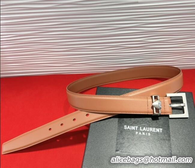 Luxury Cheap Saint Laurent Calfskin Leather Belt 3cm with Heart Charm YSL091201 Tan Brown/Silver 2025
