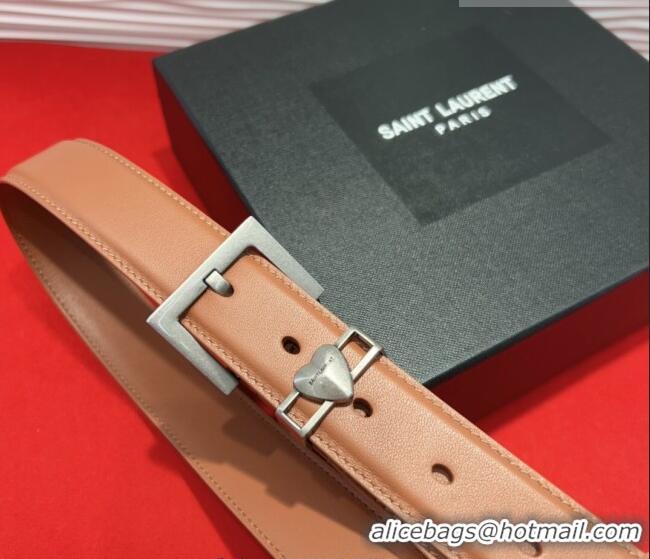 Luxury Cheap Saint Laurent Calfskin Leather Belt 3cm with Heart Charm YSL091201 Tan Brown/Silver 2025