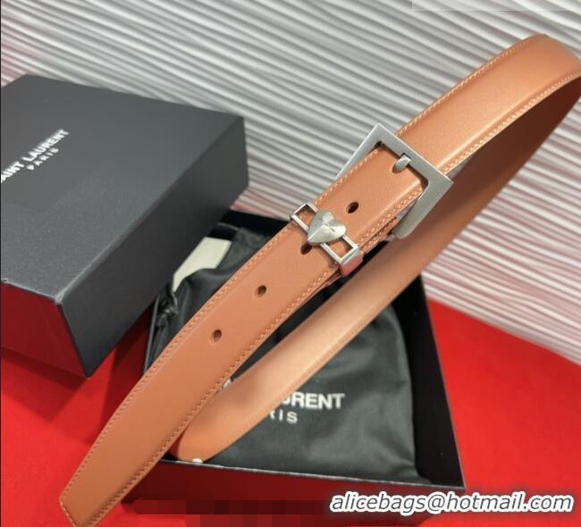 Luxury Cheap Saint Laurent Calfskin Leather Belt 3cm with Heart Charm YSL091201 Tan Brown/Silver 2025