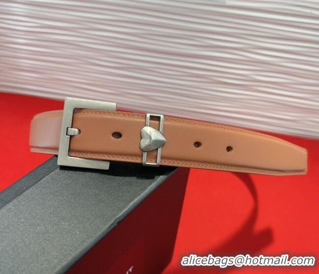 Luxury Cheap Saint Laurent Calfskin Leather Belt 3cm with Heart Charm YSL091201 Tan Brown/Silver 2025