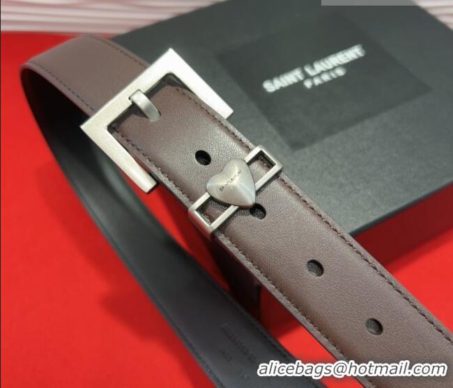 Promotional Saint Laurent Calfskin Leather Belt 3cm with Heart Charm YSL091201 Dark Brown/Silver 2025