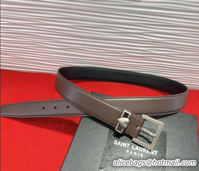 Promotional Saint Laurent Calfskin Leather Belt 3cm with Heart Charm YSL091201 Dark Brown/Silver 2025