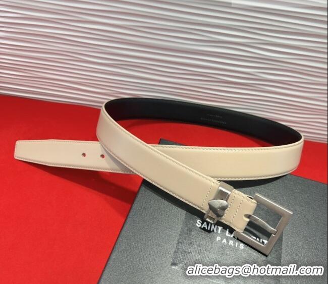 Super Quality Saint Laurent Calfskin Leather Belt 3cm with Heart Charm YSL091201 Beige/Silver 2025