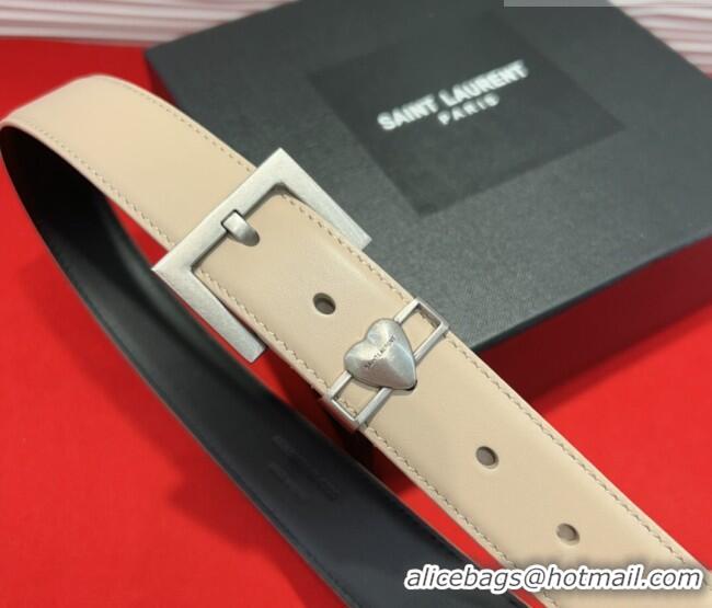 Super Quality Saint Laurent Calfskin Leather Belt 3cm with Heart Charm YSL091201 Beige/Silver 2025