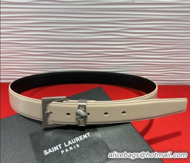 Super Quality Saint Laurent Calfskin Leather Belt 3cm with Heart Charm YSL091201 Beige/Silver 2025