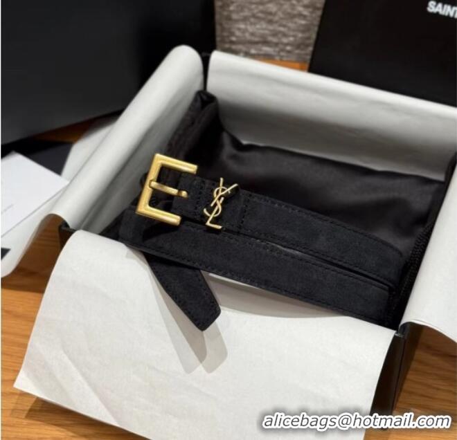 Top Quality Saint Laurent Cassandre Belt 2cm in Suede and Leather YSL26010401 Black/Gold 2025