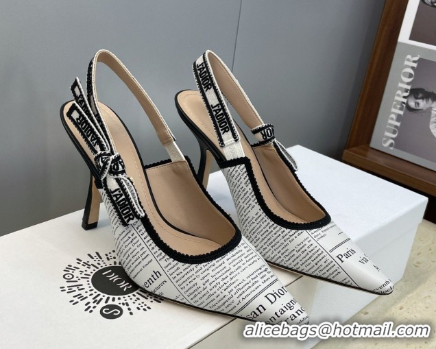Unique Style Dior J'Adior Slingbacks Pump 9.5cm in Calfskin Leather with White and Black Newspaper Print 2026 0302036