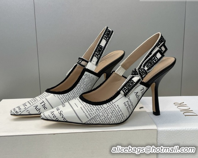 Unique Style Dior J'Adior Slingbacks Pump 9.5cm in Calfskin Leather with White and Black Newspaper Print 2026 0302036