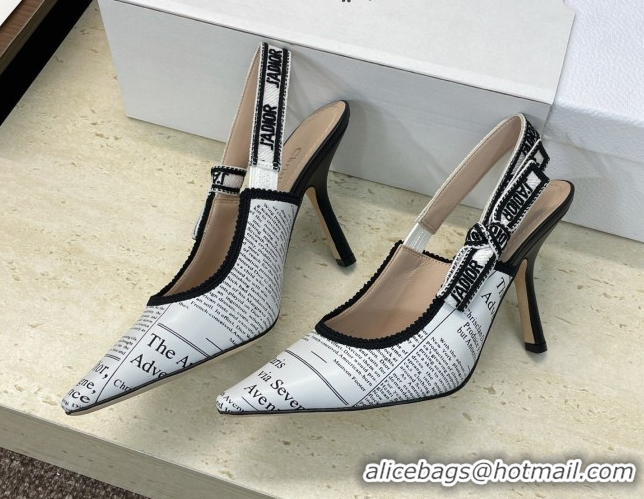 Unique Style Dior J'Adior Slingbacks Pump 9.5cm in Calfskin Leather with White and Black Newspaper Print 2026 0302036
