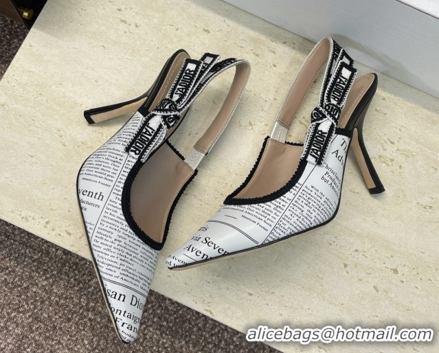 Unique Style Dior J'Adior Slingbacks Pump 9.5cm in Calfskin Leather with White and Black Newspaper Print 2026 0302036