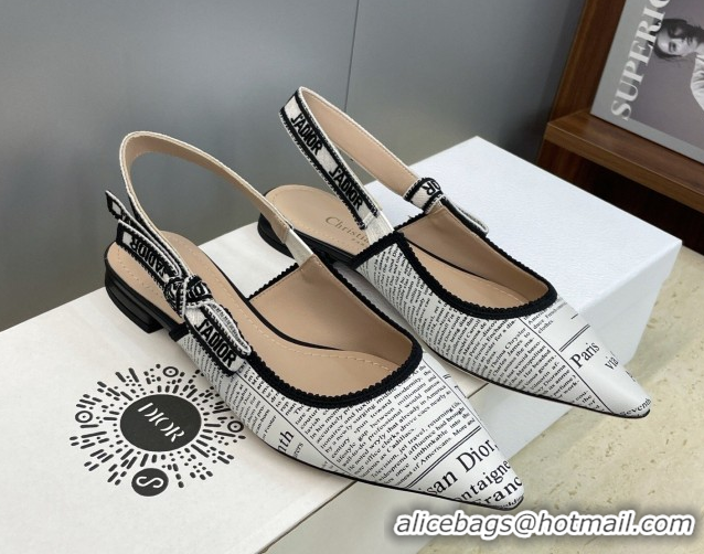 Classic Hot Dior J'Adior Slingback Ballets Flat in Calfskin Leather with White and Black Newspaper Print 2026 0302038