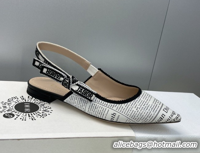 Classic Hot Dior J'Adior Slingback Ballets Flat in Calfskin Leather with White and Black Newspaper Print 2026 0302038