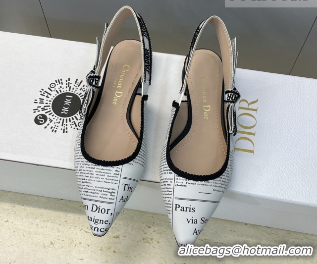 Classic Hot Dior J'Adior Slingback Ballets Flat in Calfskin Leather with White and Black Newspaper Print 2026 0302038