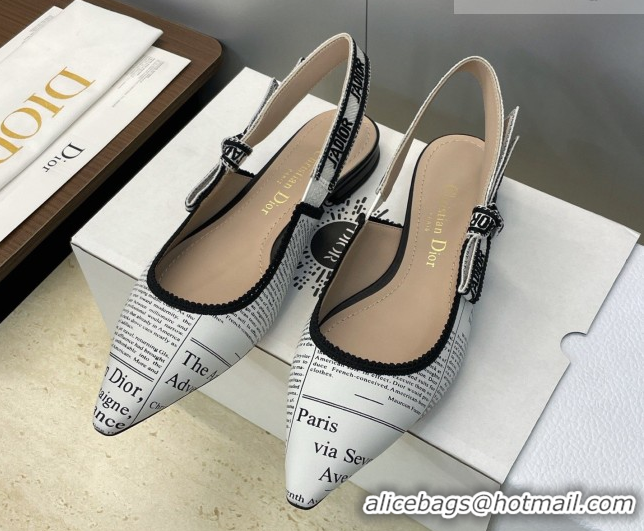 Classic Hot Dior J'Adior Slingback Ballets Flat in Calfskin Leather with White and Black Newspaper Print 2026 0302038