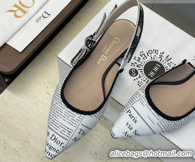 Classic Hot Dior J'Adior Slingback Ballets Flat in Calfskin Leather with White and Black Newspaper Print 2026 0302038