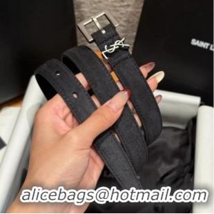 Cheapest Saint Laurent Cassandre Belt 2cm in Suede and Leather YSL26010401 Black/Silver 2025