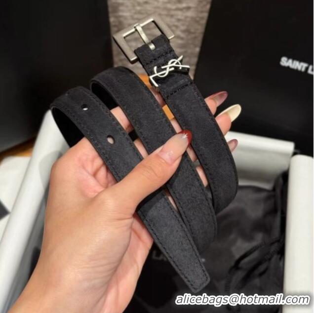 Cheapest Saint Laurent Cassandre Belt 2cm in Suede and Leather YSL26010401 Black/Silver 2025