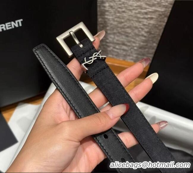 Cheapest Saint Laurent Cassandre Belt 2cm in Suede and Leather YSL26010401 Black/Silver 2025
