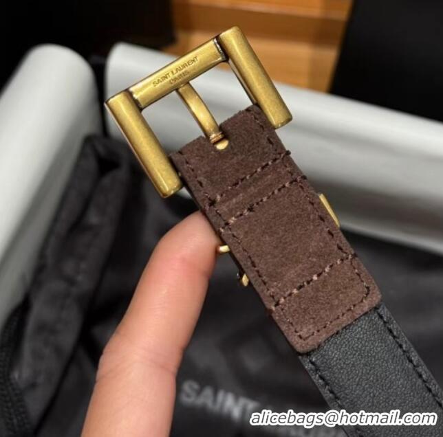Discount Saint Laurent Cassandre Belt 2cm in Suede and Leather YSL26010401 Dark Brown/Gold 2025