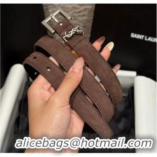 Low Cost Saint Laurent Cassandre Belt 2cm in Suede and Leather YSL26010401 Dark Brown/Silver 2025