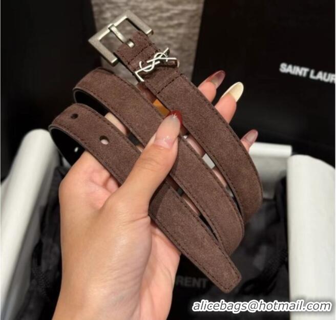 Low Cost Saint Laurent Cassandre Belt 2cm in Suede and Leather YSL26010401 Dark Brown/Silver 2025