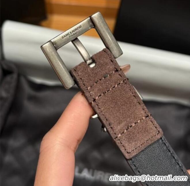 Low Cost Saint Laurent Cassandre Belt 2cm in Suede and Leather YSL26010401 Dark Brown/Silver 2025