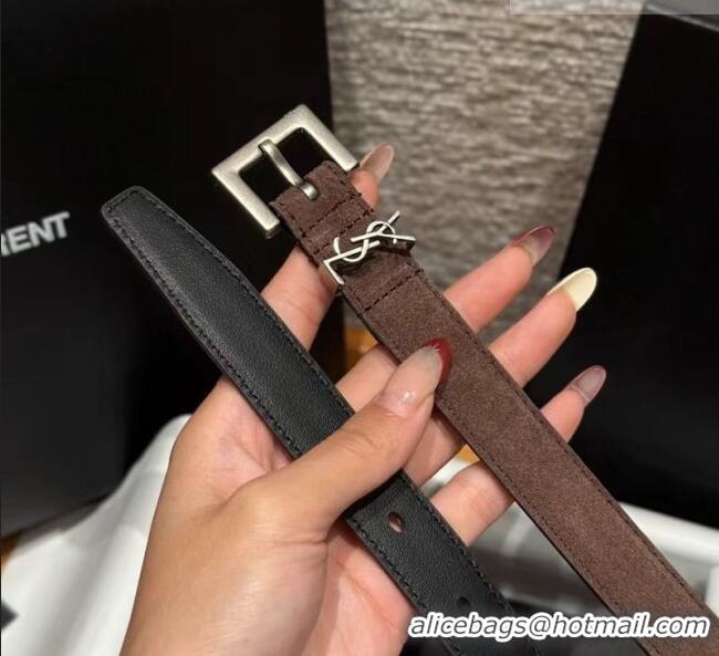 Low Cost Saint Laurent Cassandre Belt 2cm in Suede and Leather YSL26010401 Dark Brown/Silver 2025