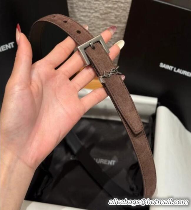 Low Cost Saint Laurent Cassandre Belt 2cm in Suede and Leather YSL26010401 Dark Brown/Silver 2025