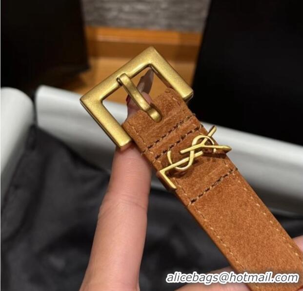 Top Quality Saint Laurent Cassandre Belt 2cm in Suede and Leather YSL26010401 Brown/Gold 2025