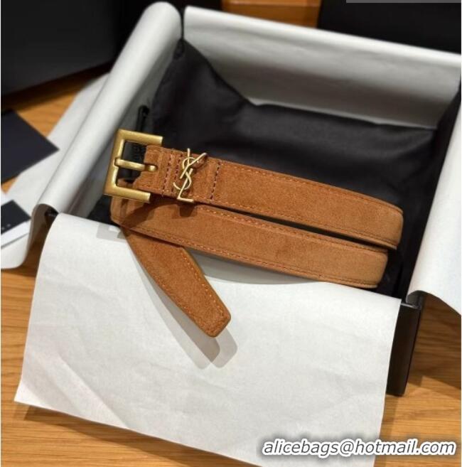 Top Quality Saint Laurent Cassandre Belt 2cm in Suede and Leather YSL26010401 Brown/Gold 2025