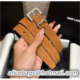 Best Grade Saint Laurent Cassandre Belt 2cm in Suede and Leather YSL26010401 Brown/Silver 2025