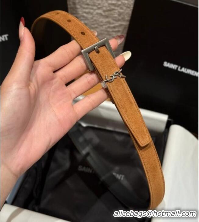 Best Grade Saint Laurent Cassandre Belt 2cm in Suede and Leather YSL26010401 Brown/Silver 2025