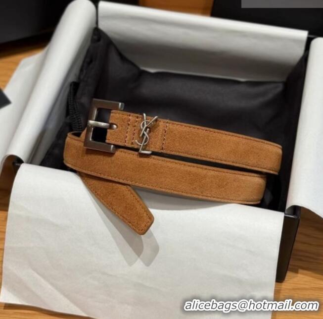 Best Grade Saint Laurent Cassandre Belt 2cm in Suede and Leather YSL26010401 Brown/Silver 2025